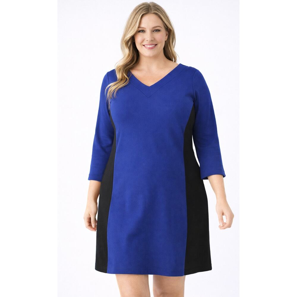 Rebel Wilson Womens Blue Black Colorblock 3/4 Sleeve Dress V Neck Size 1X NWT